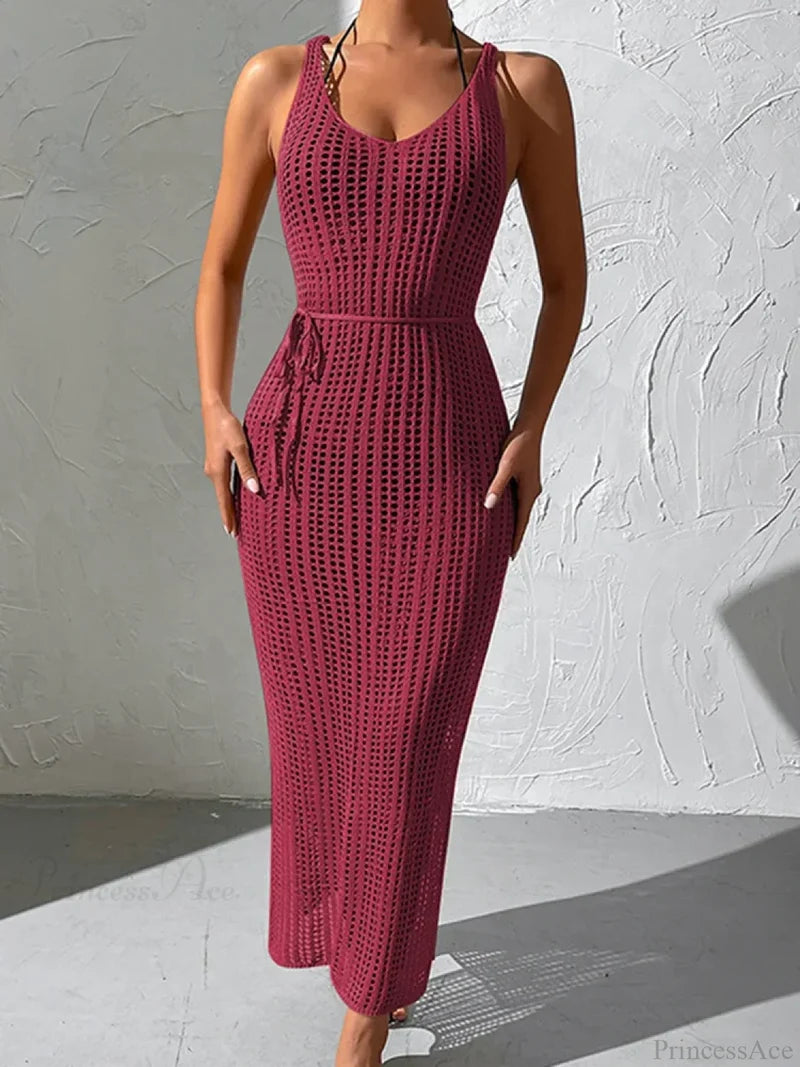 Mesh Lace Up Beach Cover Up Maroon / One Size