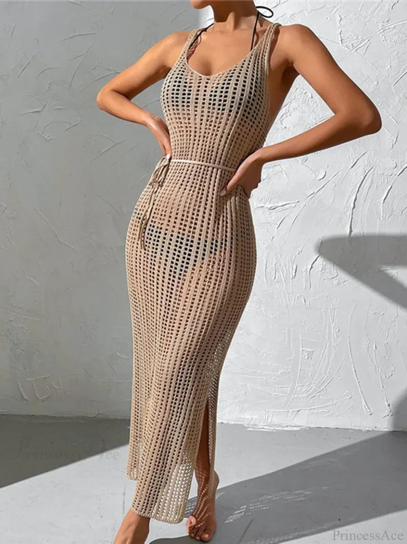 Mesh Lace Up Beach Cover Up Khaki / One Size