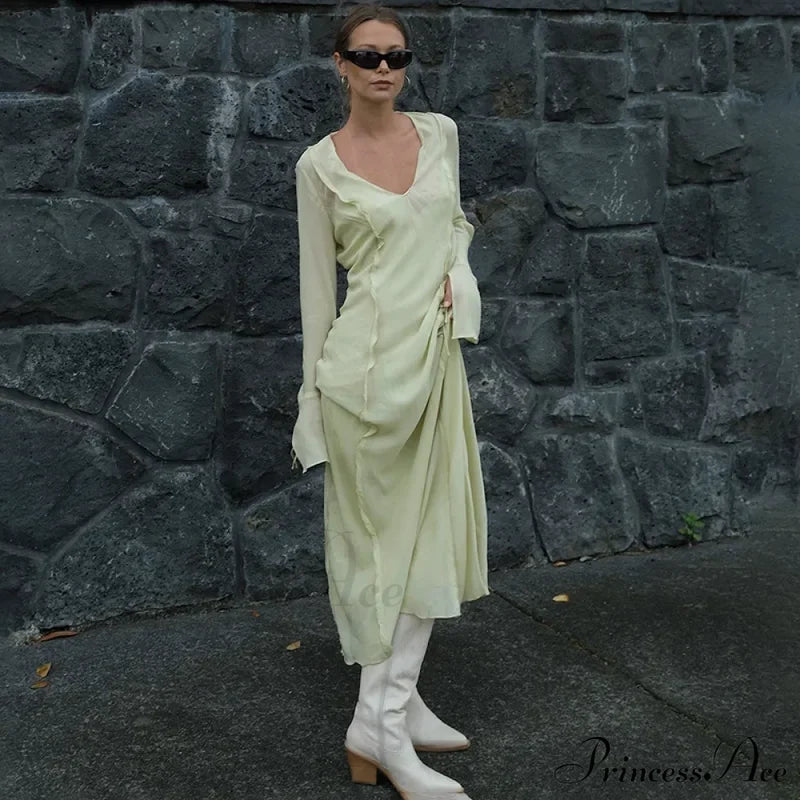 Mesh Transparent Flare Sleeve Cover-Ups Maxi Dress