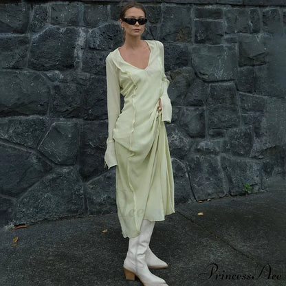 Mesh Transparent Flare Sleeve Cover-Ups Maxi Dress