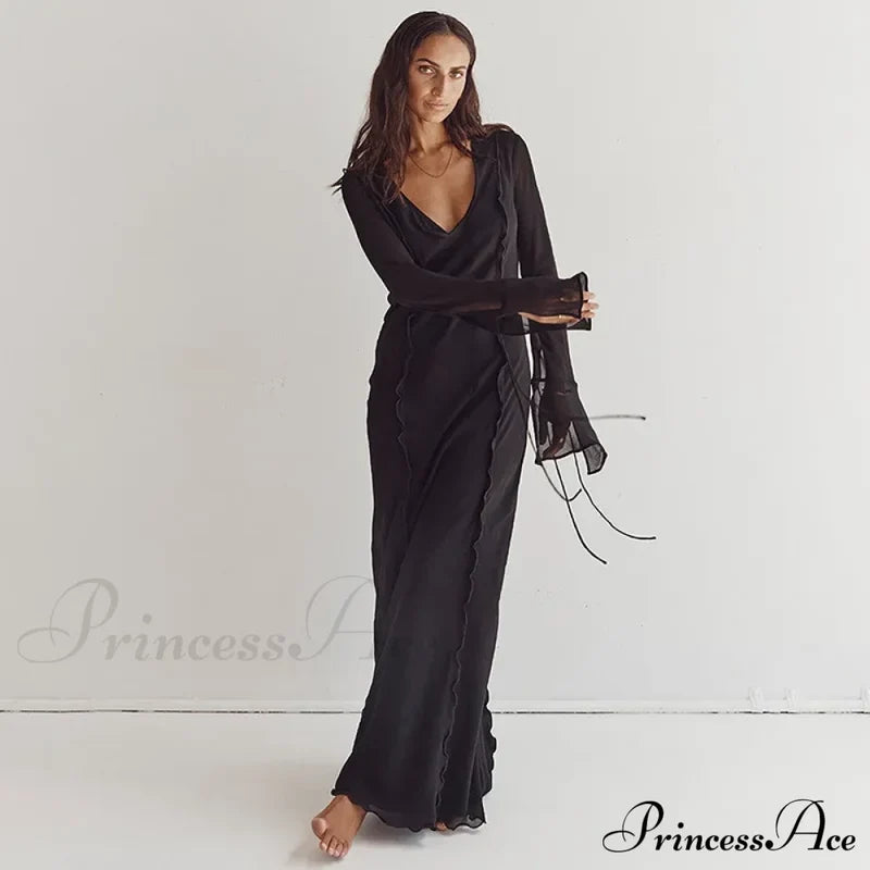 Mesh Transparent Flare Sleeve Cover-Ups Maxi Dress