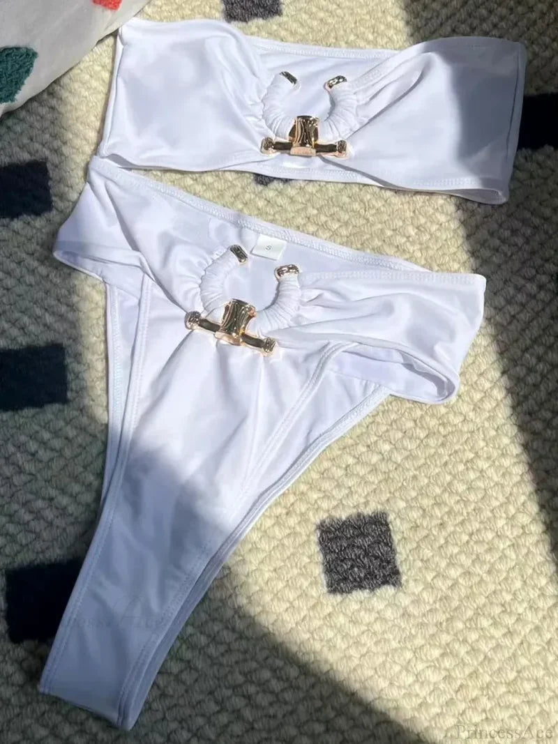 Metal Buckle High Waist Bikini Set White / S