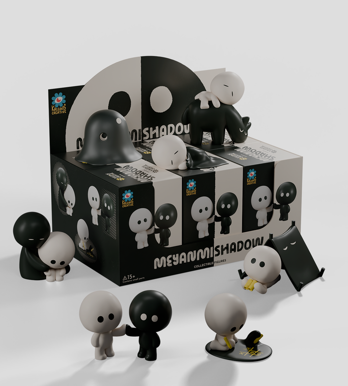 Meyanmi Shadow Blind Box display with minimalist vinyl figures in playful vignettes, showcasing various character interactions, embodying a whimsical tale of companionship.