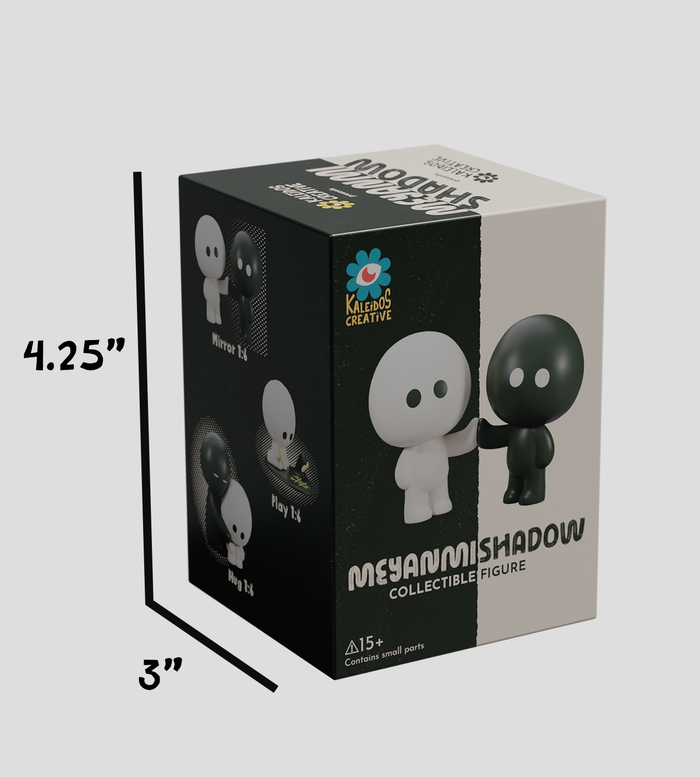 Meyanmi Shadow Blind Box: Collectible figures Meyan and Mishadow in retail packaging, showcasing interaction poses and Kaleidos Creative branding, ideal for art toy enthusiasts.