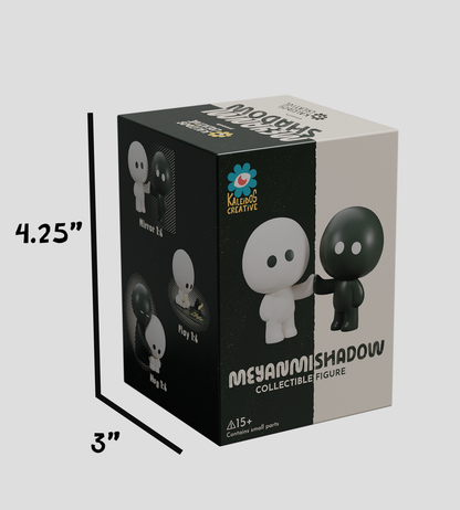 Meyanmi Shadow Blind Box: Collectible figures Meyan and Mishadow in retail packaging, showcasing interaction poses and Kaleidos Creative branding, ideal for art toy enthusiasts.