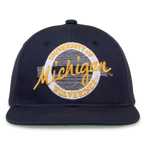 Michigan Retro Circle snapback hat in navy, front view