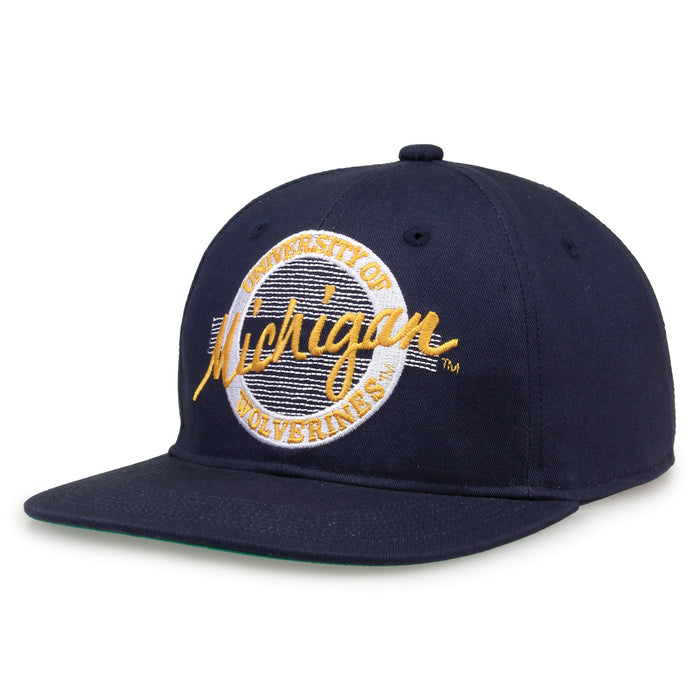 Michigan Retro Circle snapback hat in navy, angled view