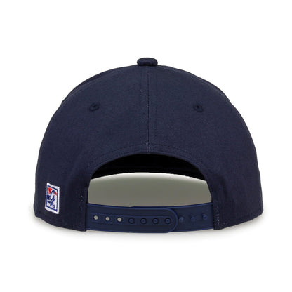 Michigan Retro Circle snapback hat in navy, straight rear view showing the adjustable snap closure