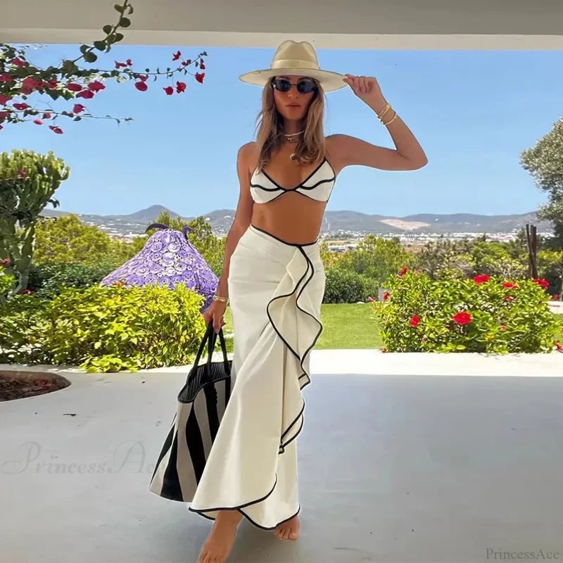 Micro Bikini Set with Long Skirt Three Piece Swimsuit black / S