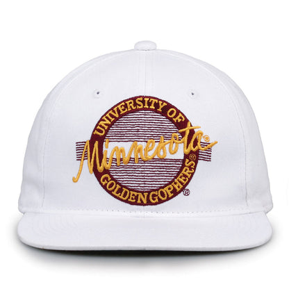 Minnesota Retro Circle snapback hat in white, front view