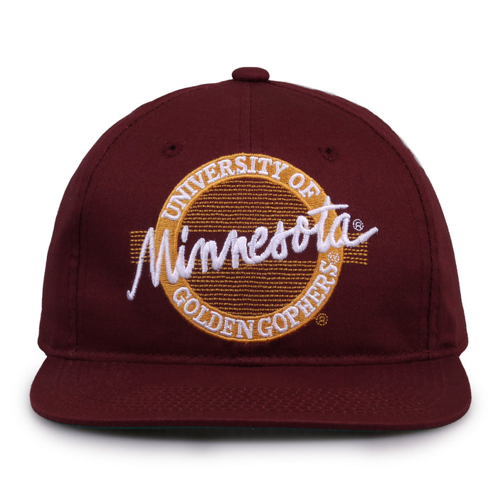 Minnesota Retro Circle snapback hat in maroon, front view