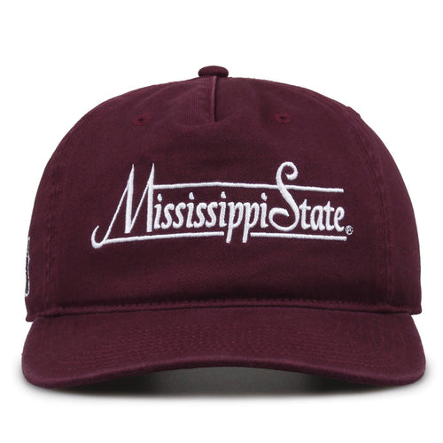 Mississippi State Bulldogs Original Heritage Bar Snapback in dark maroon, front view of embroidered school script and bar design