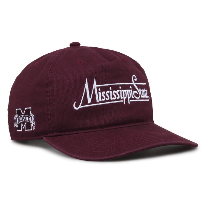 Mississippi State Bulldogs Original Heritage Bar Snapback in dark maroon, angled view showing matching crown and brim