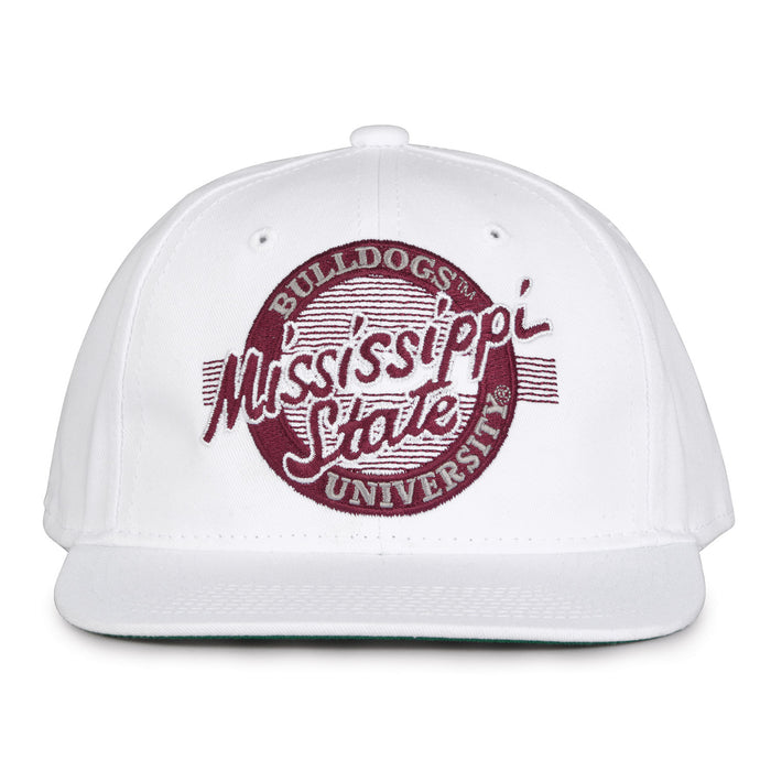 Mississippi State Retro Circle snapback hat in white, front view