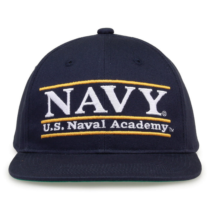 Navy Retro Bar snapback hat in navy, front view