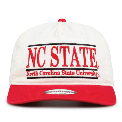 NC State Original Bar snapback hat with embroidered school design, front view
