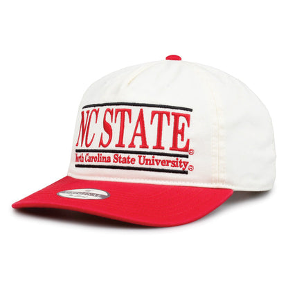 NC State Original Bar snapback hat showing embroidered front design and brim, angled view