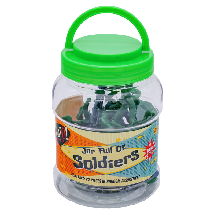 The Neato! Jar Full of Soldiers is a clear plastic jar with a green lid and handle, filled with small green army figures. The colorful label features the Neato! brand and promotes imaginative play.
