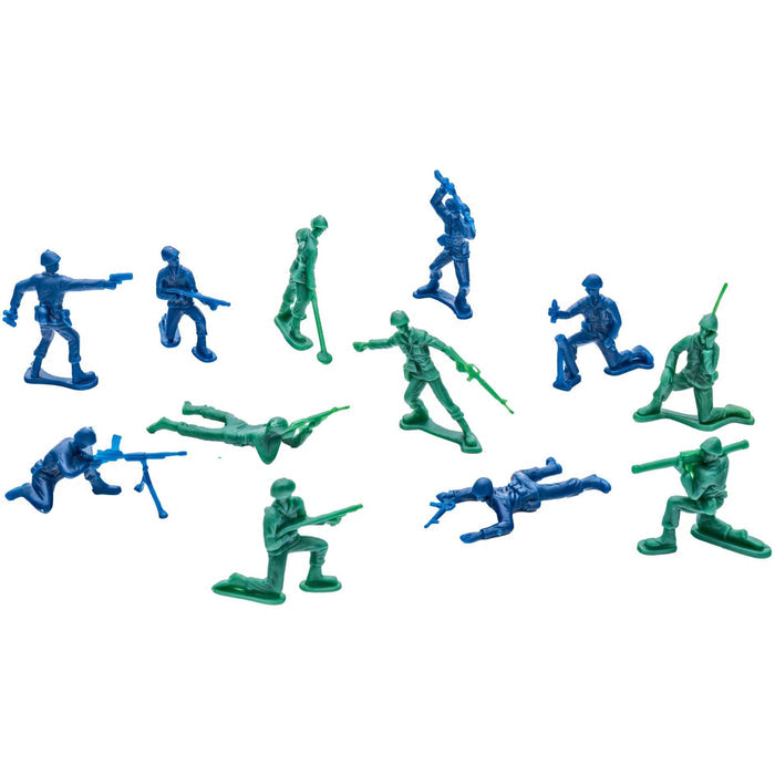 The Neato! Jar Full of Soldiers by Neato! features small green and blue army figures in action poses like shooting, kneeling, and crawling—ideal for creative play.