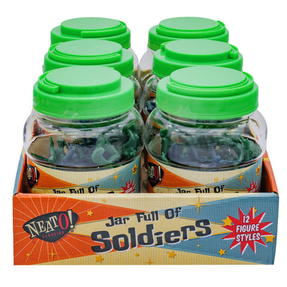 Six plastic jars with green lids, filled with toy soldiers in 12 styles, are displayed in a colorful box labeled "Neato! Jar Full of Soldiers" featuring the Neato! Classic logo.
