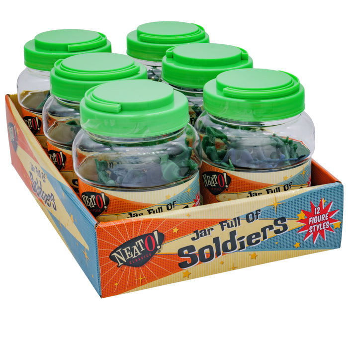 Six clear plastic jars with green lids, each filled with classic army figures in 12 styles, are displayed in a retro-style Neato! box labeled “Neato! Jar Full of Soldiers”—perfect for creative play.