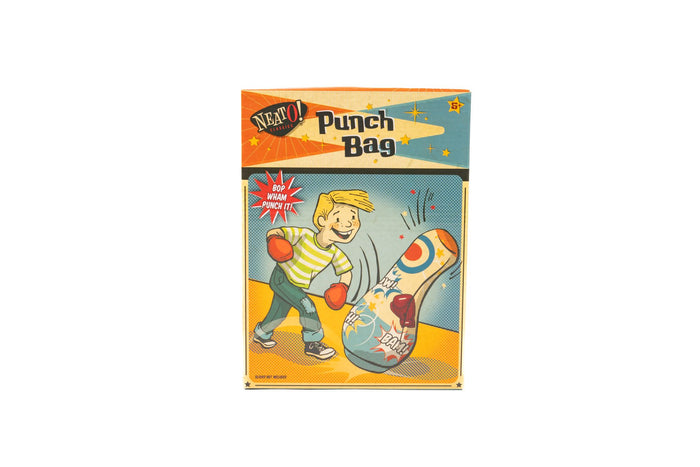 Retro-style art shows a smiling boy in red boxing gloves punching the Neato! Punch Bag by Neato!—an active-play, energy-burning toy—set against bright, colorful graphics with dynamic NEATO! Punch Bag text.
