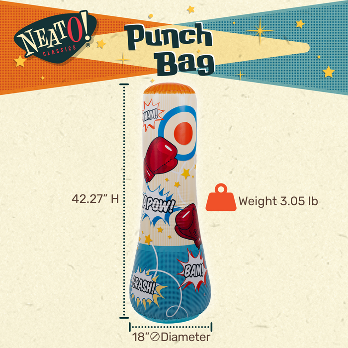 The Neato! Punch Bag by Neato! features comic-style BAM!, POW!, and CRASH! graphics and is great for active play. It stands 42.27" tall, 18" in diameter, weighs 3.05 lbs, and displays the Neato! Classics logo along with product specs.