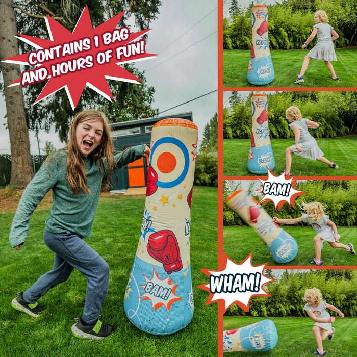 A girl punches the Neato! Punch Bag, covered in comic words like BAM! and WHAM!, in a grassy yard. Smaller panels show another girl kicking and playing with this Neato! energy-burning toy. Text: 1 bag included for hours of fun!.