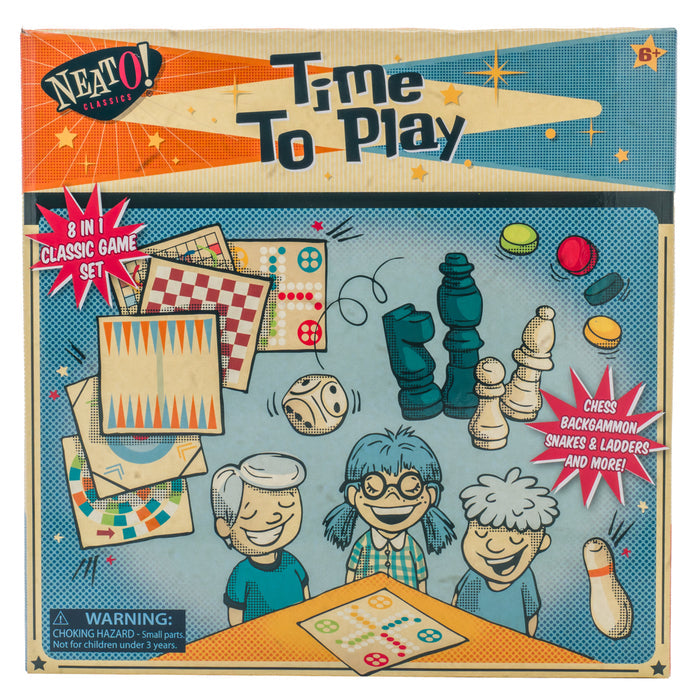 The Neato! Time To Play 8-In-1 Game from Neato! comes in a colorful vintage-style box with illustrations of smiling children and includes chess, backgammon, snakes & ladders, and more—ideal for family fun and screen-free play.