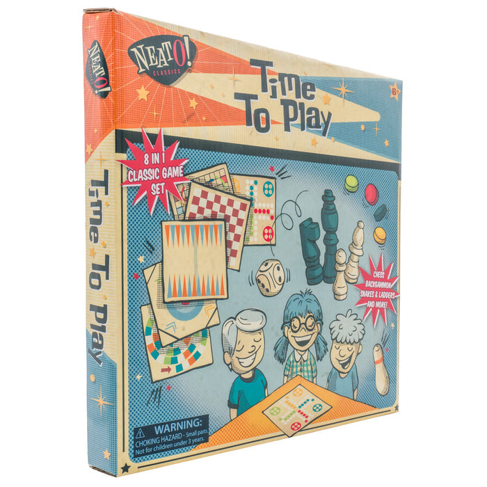 The Neato! Time To Play 8-In-1 Game box shows four smiling kids enjoying screen-free fun with dice and boards. The colorful cover features the Neato! brand, highlights 8-in-1 Classic Games, and includes a small parts warning.
