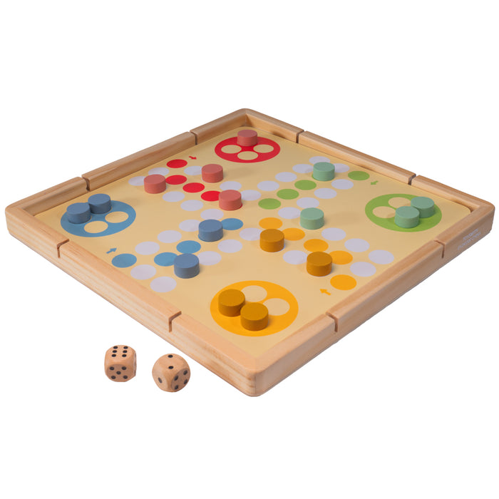 The Neato! Time To Play 8-In-1 Game by Neato! features a wooden Ludo board with yellow, green, red, and blue sections, matching pieces, and two wooden dice—ideal for screen-free family game time.
