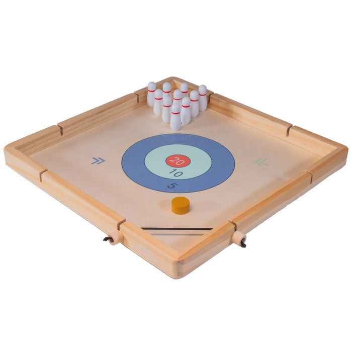 The Neato! Time To Play 8-In-1 Game by Neato! is a wooden tabletop bowling game with a target board, colored scoring rings, a yellow puck, and ten white pins for classic family fun—perfect for screen-free game nights.