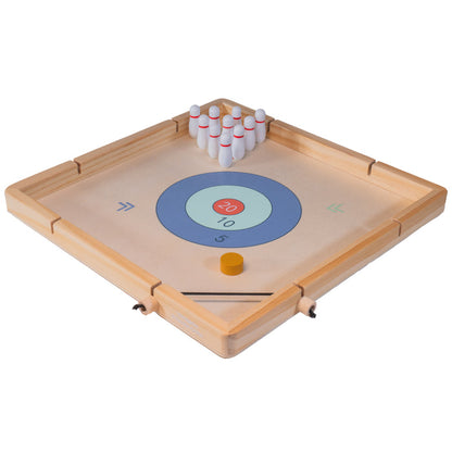 The Neato! Time To Play 8-In-1 Game by Neato! is a wooden tabletop bowling game with a target board, colored scoring rings, a yellow puck, and ten white pins for classic family fun—perfect for screen-free game nights.