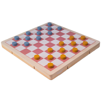 The Neato! Time To Play 8-In-1 Game by Neato! features a wooden checkers board with pink and white squares and blue and yellow pieces—ideal for screen-free fun and family game nights.