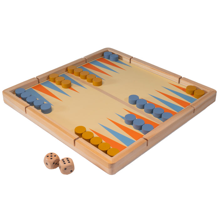 The Neato! Time To Play 8-In-1 Game by Neato! includes a wooden backgammon board with blue and yellow pieces, two wooden dice, and bold triangular points—ideal for screen-free family fun.