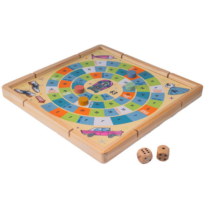 The Neato! Time To Play 8-In-1 Game by Neato! is a wooden board game with a numbered spiral path, four colored tokens, and two wooden dice, featuring retro illustrations for fun family play without screens.