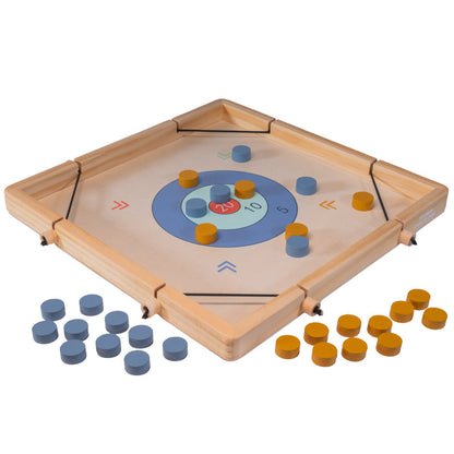 The Neato! Time To Play 8-In-1 Game by Neato! is a wooden tabletop travel game featuring a square frame, center circular target, blue and yellow discs, and point zones of 5, 10, 15, and 20—perfect for family screen-free fun!.