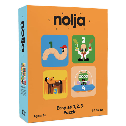The Nolja Easy As 1,2,3 36pc Jigsaw Puzzle by Nolja features four cartoon images—a worm (1), a scientist (2), a dog (3), and a frog (4)—making it a colorful counting puzzle perfect for ages 3+.