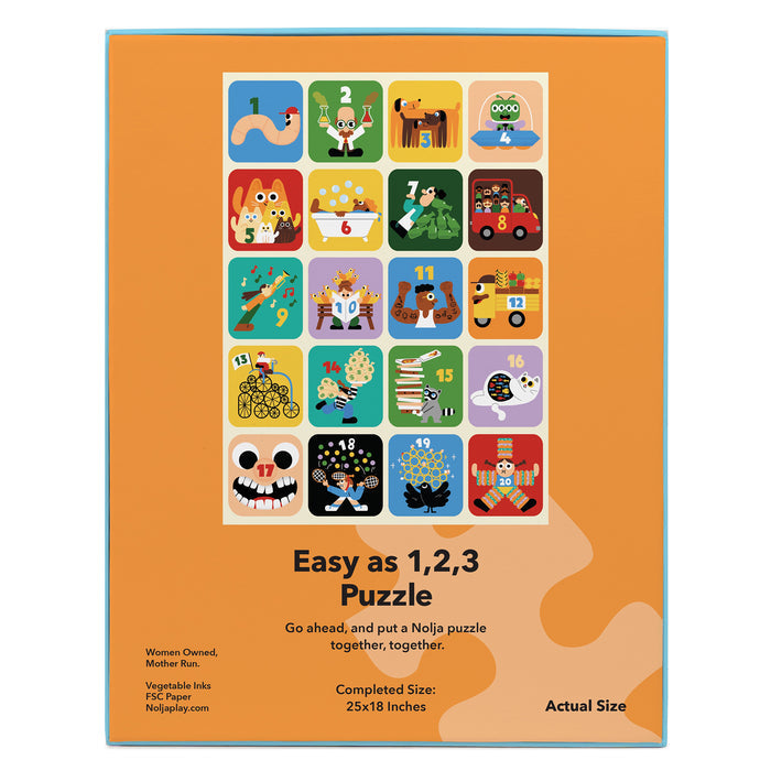 Box featuring Nolja Easy As 1,2,3 36pc Jigsaw Puzzle with vibrant numbers and playful art on an orange background. Great for early learning and counting skills. Brand: Nolja.