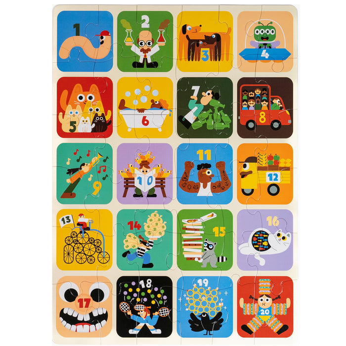 The Nolja Easy As 1,2,3 36pc Jigsaw Puzzle by Nolja features colorful cartoon scenes and numbers, making early learning and counting fun for kids as each piece illustrates playful animals, objects, or activities.
