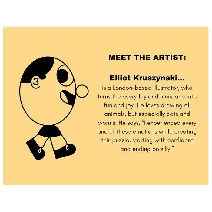 A cartoon graphic introduces London-based illustrator Elliot Kruszynski—known for fun art and playful early learning themes—featured on the Nolja Easy As 1,2,3 36pc Jigsaw Puzzle by Nolja.