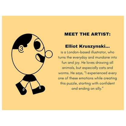 A cartoon graphic introduces London-based illustrator Elliot Kruszynski—known for fun art and playful early learning themes—featured on the Nolja Easy As 1,2,3 36pc Jigsaw Puzzle by Nolja.