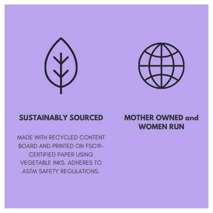 A purple background displays two icons: a leaf labeled Sustainably Sourced and a globe reading Mother Owned and Women Run. The Nolja Easy As 1,2,3 36pc Jigsaw Puzzle features eco-friendly materials, safety standards, and early learning benefits.