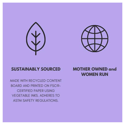 A purple background displays two icons: a leaf labeled Sustainably Sourced and a globe reading Mother Owned and Women Run. The Nolja Easy As 1,2,3 36pc Jigsaw Puzzle features eco-friendly materials, safety standards, and early learning benefits.