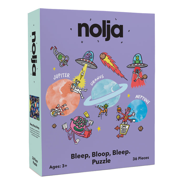 The Nolja Space 36pc Jigsaw Puzzle by Nolja features playful alien and spaceship illustrations around colorful planets like Jupiter, Uranus, and Neptune. Perfect for ages 3+, this fun puzzle brings outer space to life!.