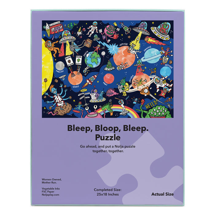 The Nolja Space 36pc Jigsaw Puzzle by Nolja features a colorful illustrated box with aliens, planets, spaceships, and astronauts. The box reads: “Bleep, Bloop, Bleep. Puzzle.” Finished size: 25×18 inches.