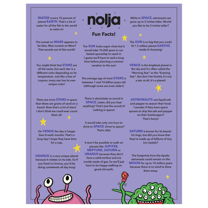 A purple infographic titled Fun Facts! with cartoon aliens at the bottom shares cool space facts—planets, stars, astronauts—just like the Nolja Space 36pc Jigsaw Puzzle by Nolja, featuring text and star illustrations throughout.