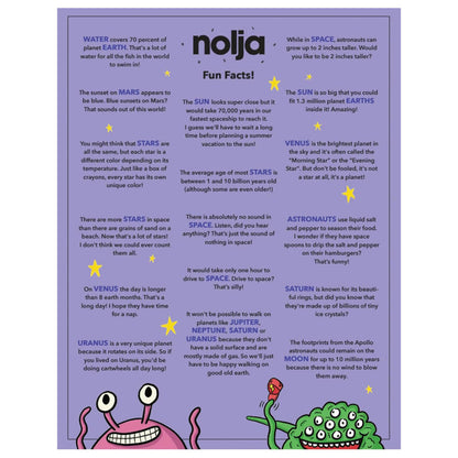 A purple infographic titled Fun Facts! with cartoon aliens at the bottom shares cool space facts—planets, stars, astronauts—just like the Nolja Space 36pc Jigsaw Puzzle by Nolja, featuring text and star illustrations throughout.