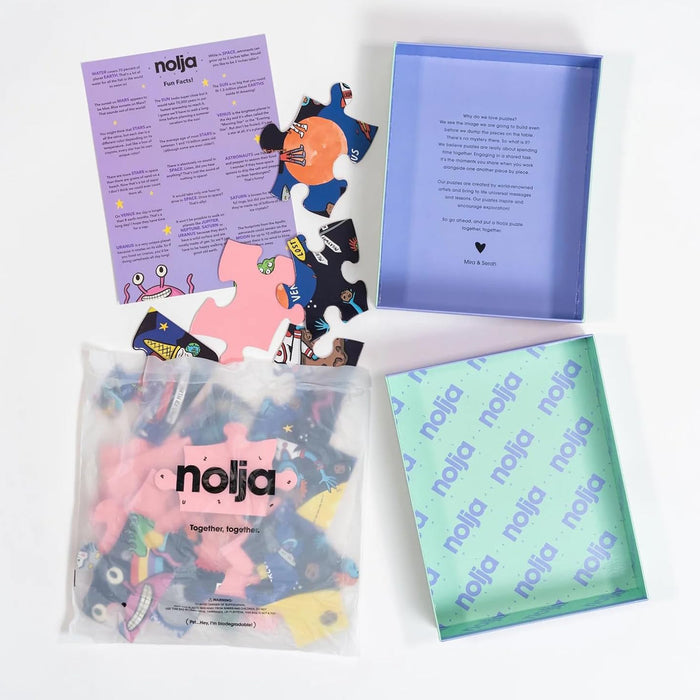 The Nolja Space 36pc Jigsaw Puzzle includes large, colorful pieces, an instruction sheet, a partially assembled puzzle, and packaging with a box and clear storage bag featuring the Nolja logo and the phrase "Together, fogama.