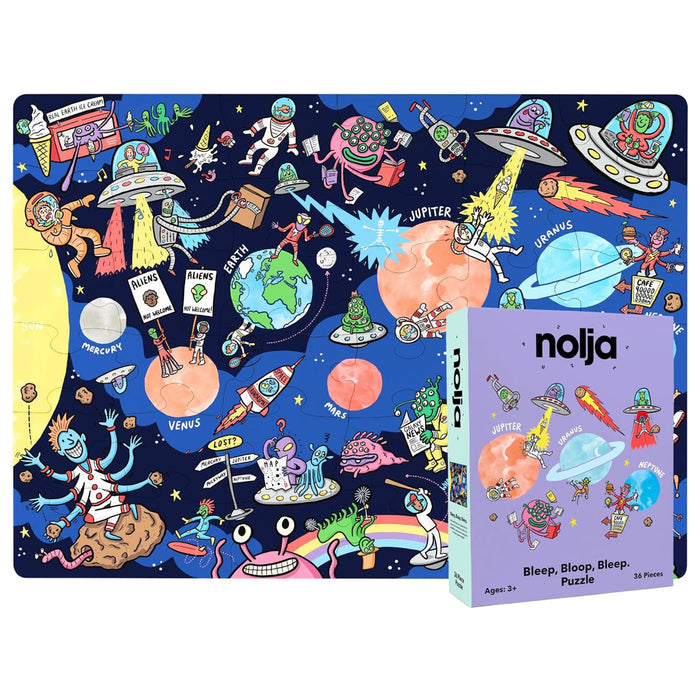 The Nolja Space 36pc Jigsaw Puzzle by Nolja features planets, spaceships, aliens, and astronauts in a vibrant cartoon scene. Includes 36 pieces and a box with matching artwork. Perfect space puzzle for kids ages 3 and up.